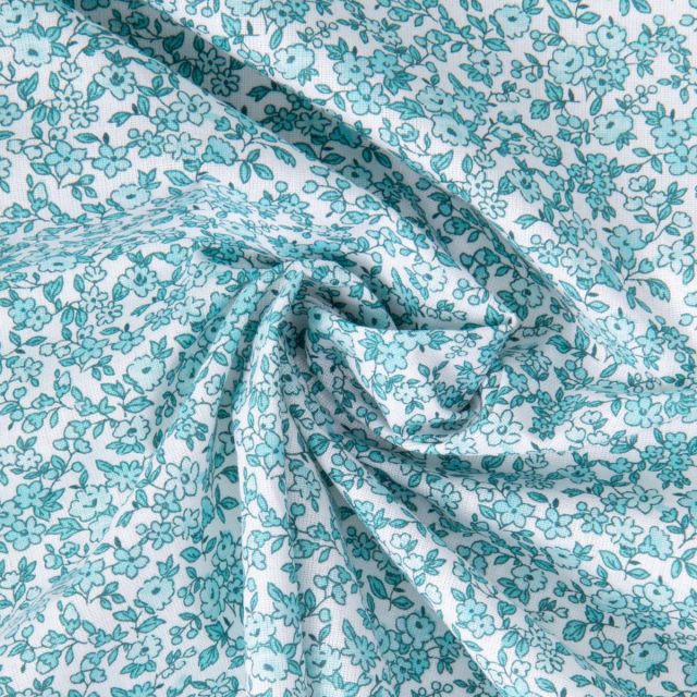 Tissu Coton imprimé Arty Léonie Menthe et bleu sur fond Blanc