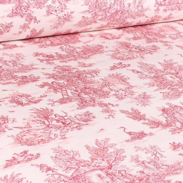 Coupon Tissu Coton imprimé grande largeur Jouy rouge sur fond Blanc cassé - Coupon de 200 cm