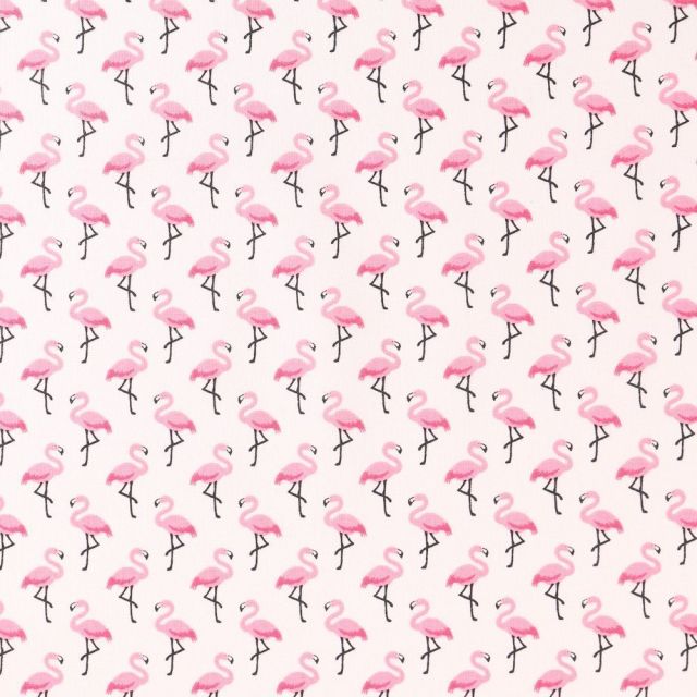 Coupon Tissu Coton Enduit Flamants roses sur fond Ecru - Coupon de 300 cm
