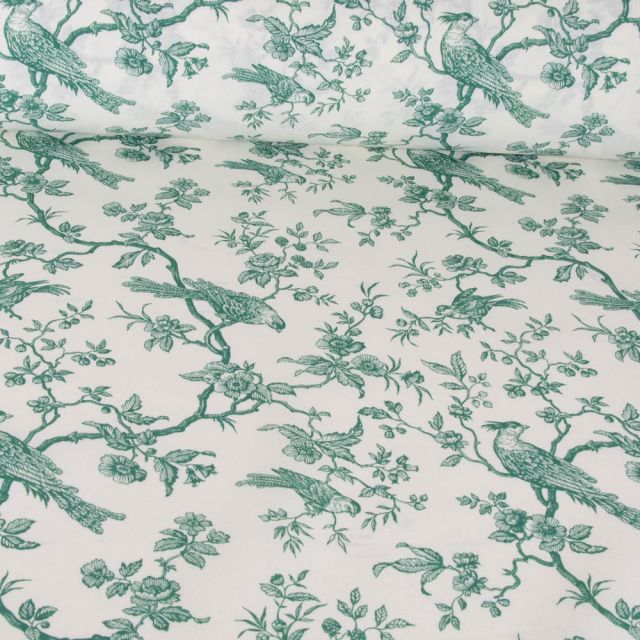 Coupon Tissu Coton imprimé aspect toile Mesange Vert sur fond Blanc - Coupon de 170 cm