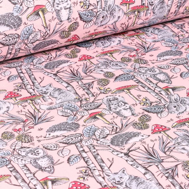 Tissu Coton enduit Jolie bois sur fond Rose