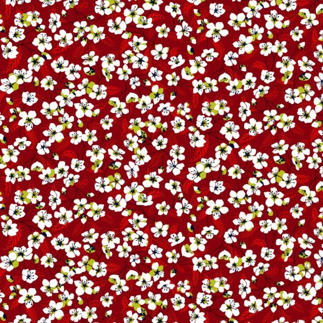 Coupon Tissu Coton imprimé Arty Miyu sur fond Bordeaux