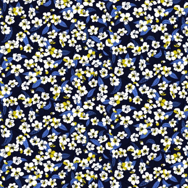 Tissu Coton imprimé Miyu sur fond Bleu marine - Coupon de 20 cm