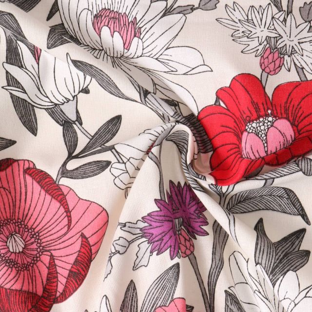 Tissu Coton  Cretonne Ysoline fleurs Rouges sur fond Ivoire