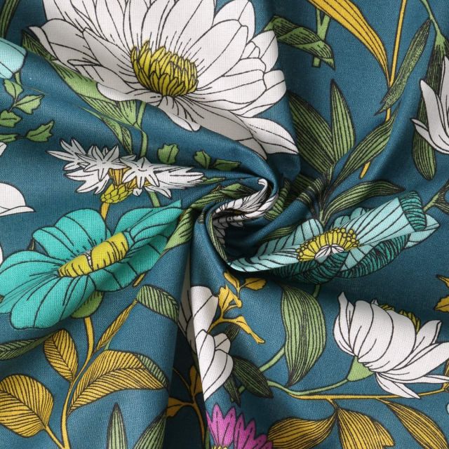 Tissu Coton  Cretonne Ysoline fleurs Blanches sur fond Bleu