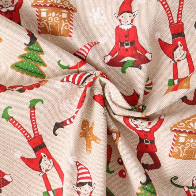 Tissu Toile Polycoton Lutinou esprit de Noël sur fond Beige