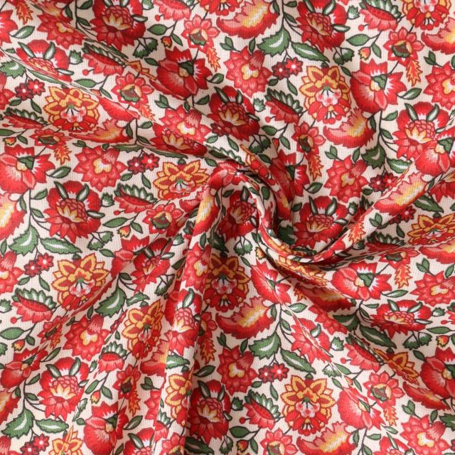 Tissu Coton Cretonne Mirelda fleurs vintage Rouges sur fond Blanc