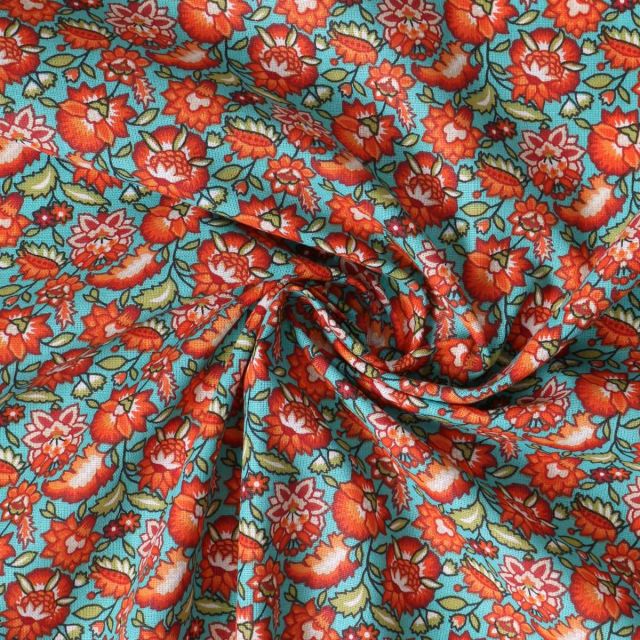 Tissu Coton Cretonne Mirelda fleurs vintage Oranges sur fond Bleu turquoise