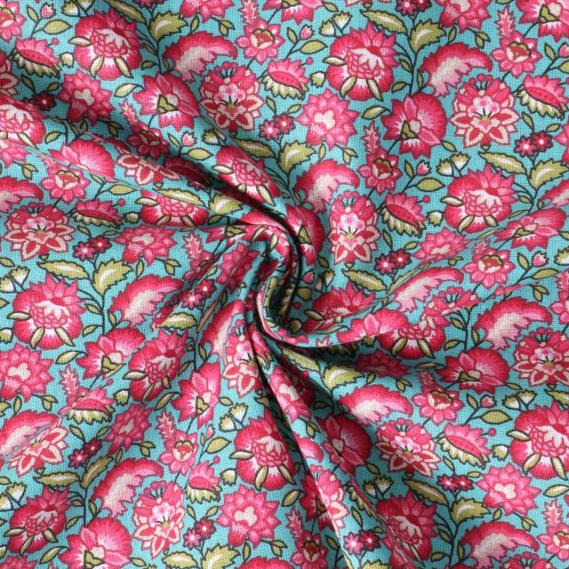 Tissu Coton Cretonne Mirelda fleurs vintage Roses sur fond Bleu