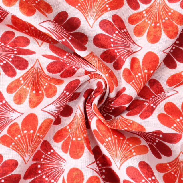 Tissu Coton Cretonne Amanda éventails Rouges et Oranges sur fond Blanc