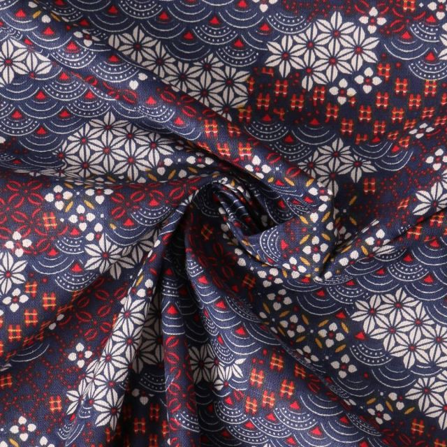 Tissu Coton Cretonne Shogun motifs traditionnels japonais sur fond Bleu