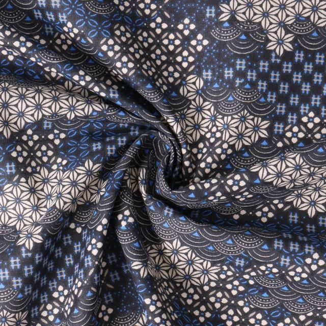 Tissu Coton Cretonne Shogun motifs traditionnels japonais sur fond Noir