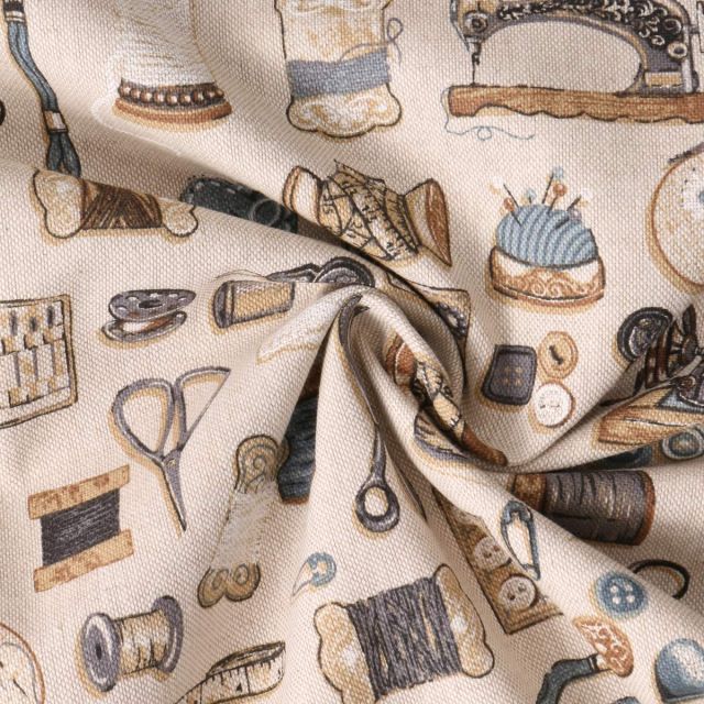 Tissu Toile de Coton  Atelier Couture Gris sur fond Beige
