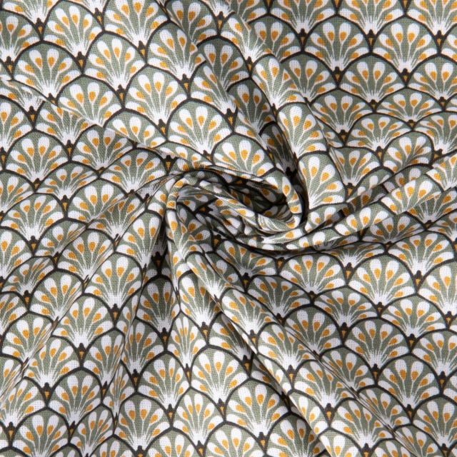 Tissu Coton imprimé Arty éventails Gaudi sur fond Vert kaki