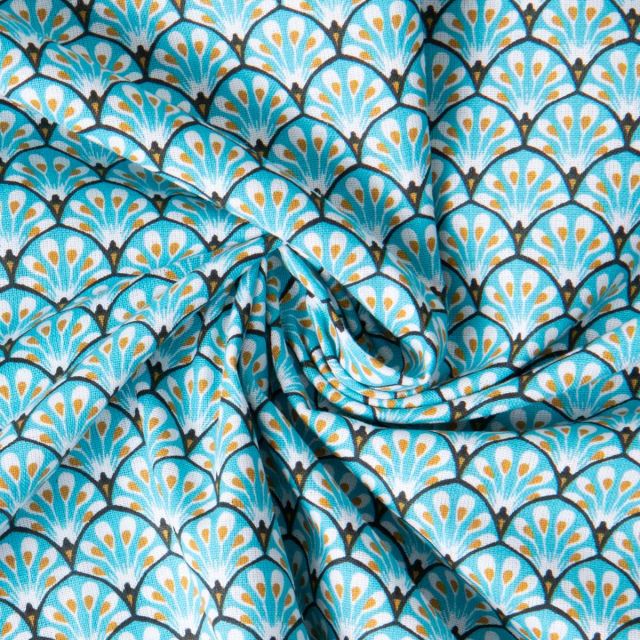 Coupon Tissu Coton imprimé Arty éventails Gaudi sur fond Bleu turquoise - Coupon de 100 cm
