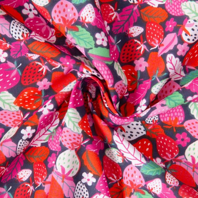 Tissu Coton imprimé Arty Rose fraises multicolores sur fond Gris anthracite