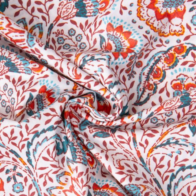 Tissu Coton enduit Arty Lise fleurie rétro sur fond Blanc