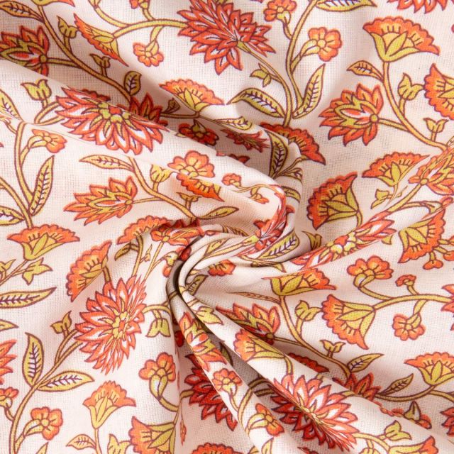 Tissu Coton imprimé Arty Santal fleuris sur fond Ecru