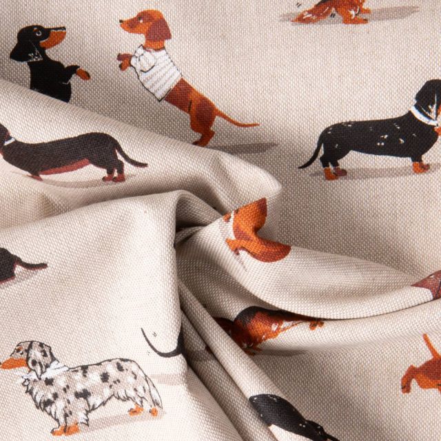 Tissu Toile de Coton Teckels sur fond Naturel