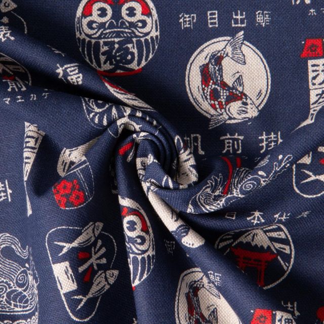 Tissu Toile de Coton Maneki sur fond Bleu marine