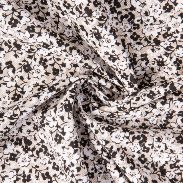 Tissu Toile Polycoton Liana fleurs Blanc et Noir sur fond Naturel