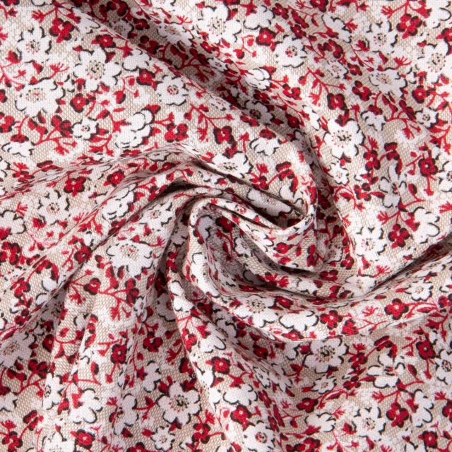 Tissu Toile Polycoton Liana fleurs Blanc et Rouge sur fond Naturel