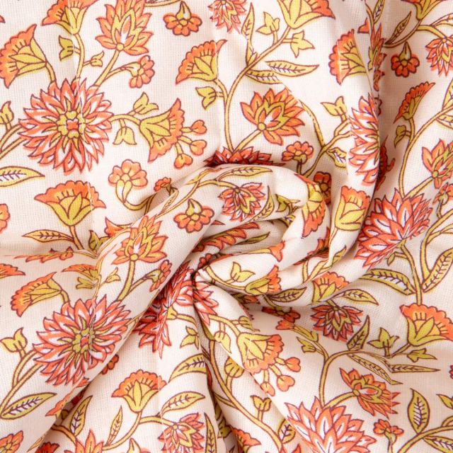 Tissu Coton Matelassé réversible Santal fleuris sur fond Ecru