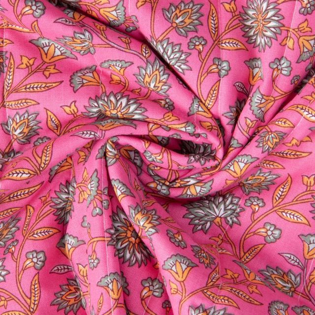 Tissu Coton Matelassé réversible Santal fleuris sur fond Rose fuchsia