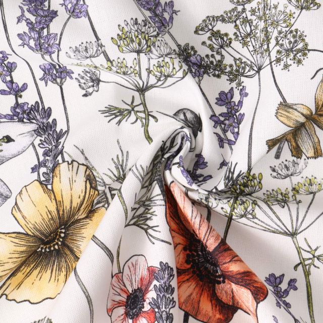 Tissu Toile Canvas Adèle fleurs Jaunes et Rouges sur fond Blanc