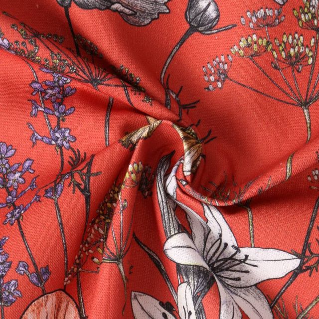 Tissu Toile Canvas Adèle fleurs Jaunes et Rouges sur fond Terracotta