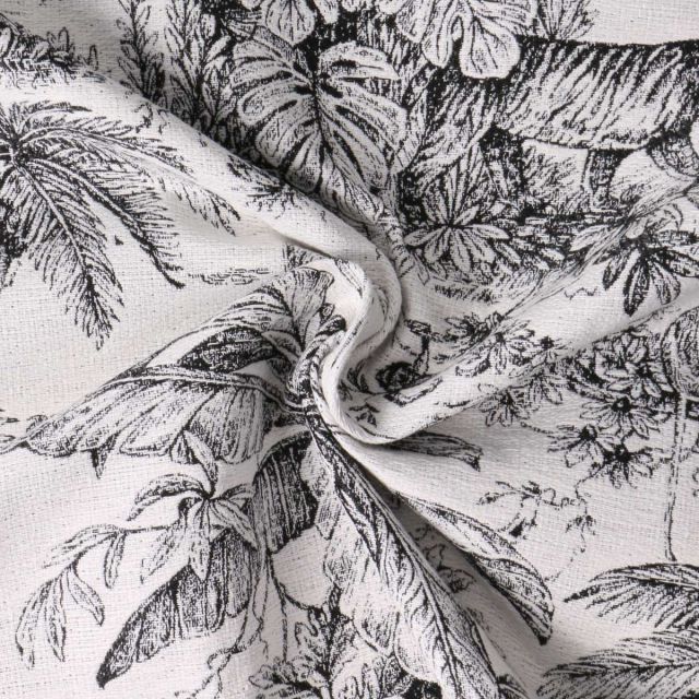 Tissu Jacquard Daktari inspiration toile de Jouy scène tropicale noir sur fond Blanc
