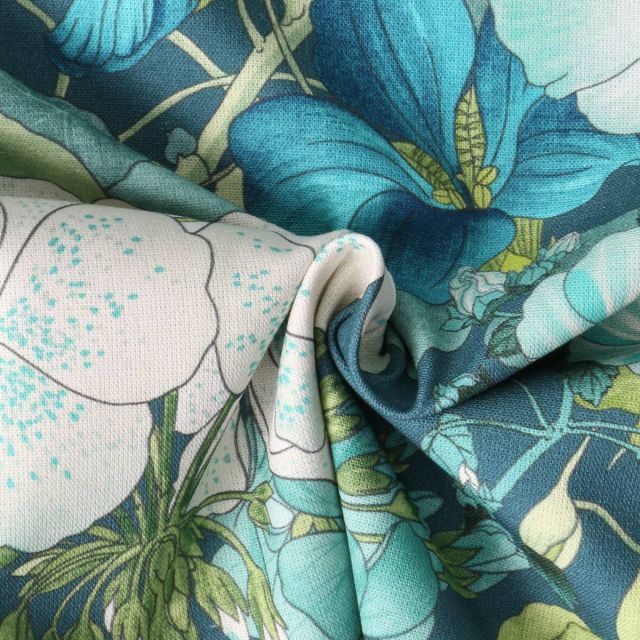 Tissu Toile Canvas  Capucina sur fond Bleu