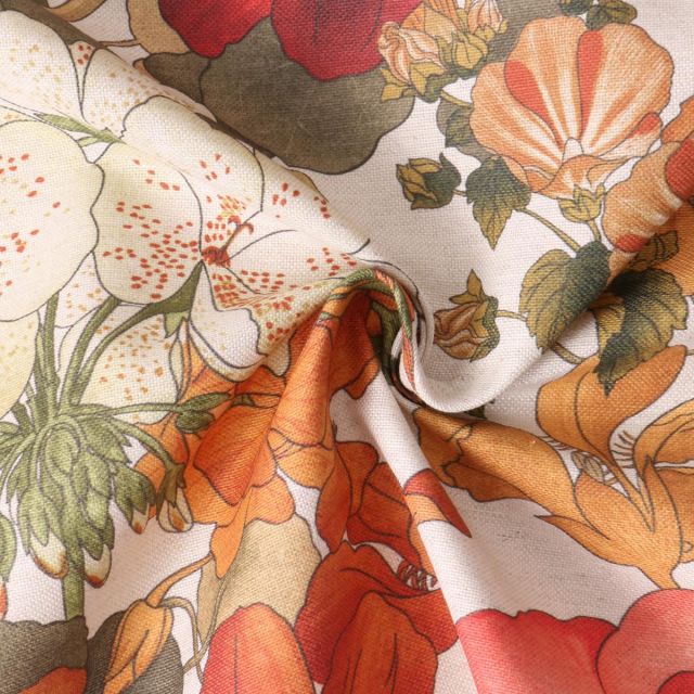 Tissu Polycoton Fleurs d'Automne Orange sur fond Ecru