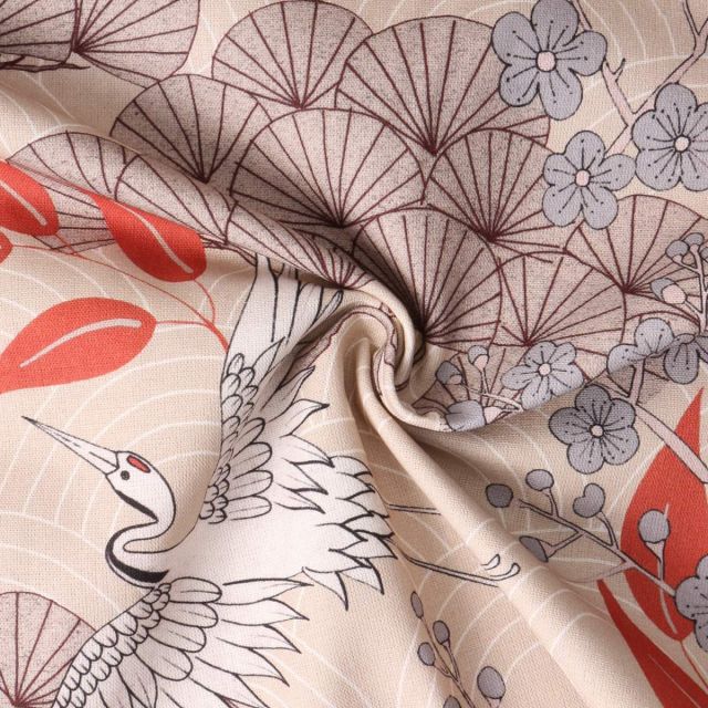 Tissu Toile Canvas Sayaka grues japonaises Blanches sur fond Beige sable