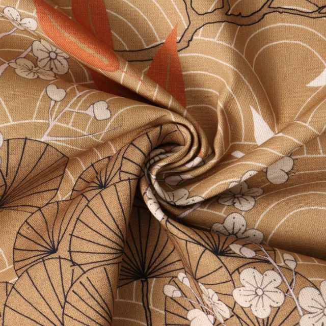 Tissu Toile Canvas Sayaka grues japonaises Blanches sur fond Camel