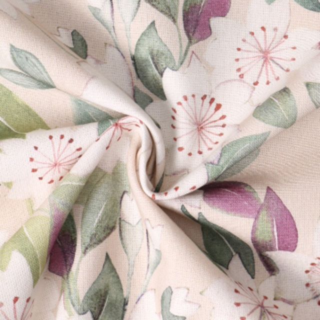Tissu Toile Coton  Sakura Aquarelle Blanches sur fond Beige sable