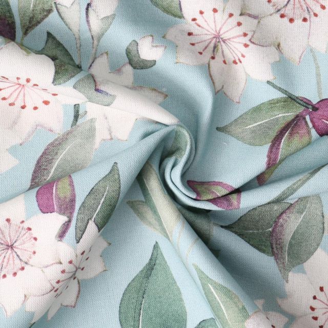 Tissu Toile Canvas Sakura Aquarelle Blanches sur fond Bleu ciel