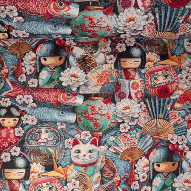 Tissu Jacquard d'ameublement Souvenirs de Kyoto sur fond Bleu ancien