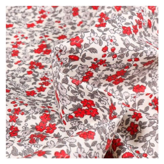 Coupon Tissu Coton imprimé Arty Léonie gris et rouge sur fond Blanc