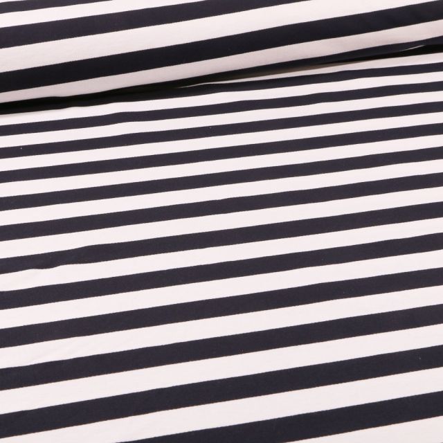 Tissu Jersey Coton marinière Rayures blanches sur fond Bleu marine - Par 10 cm