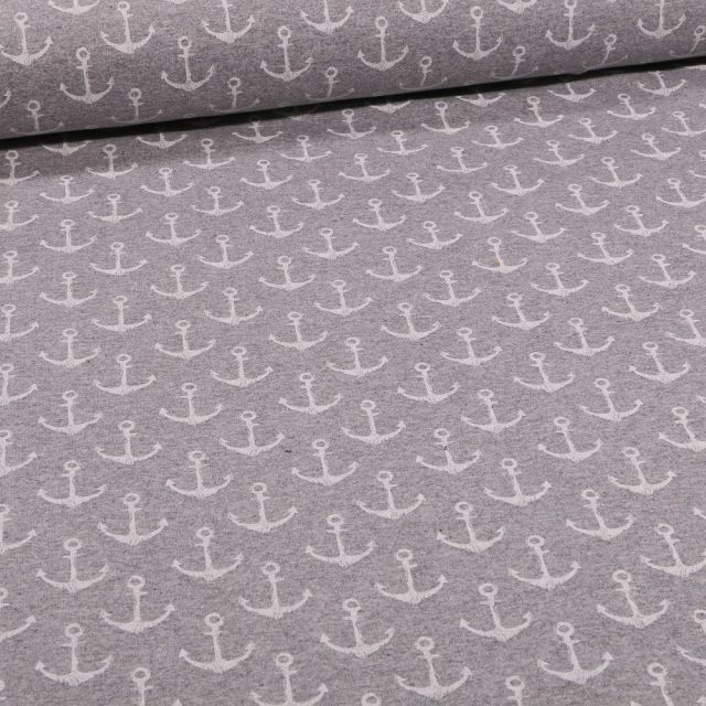 Tissu Jersey Coton envers gratté Ancres marines sur fond Gris clair chiné - Par 10 cm