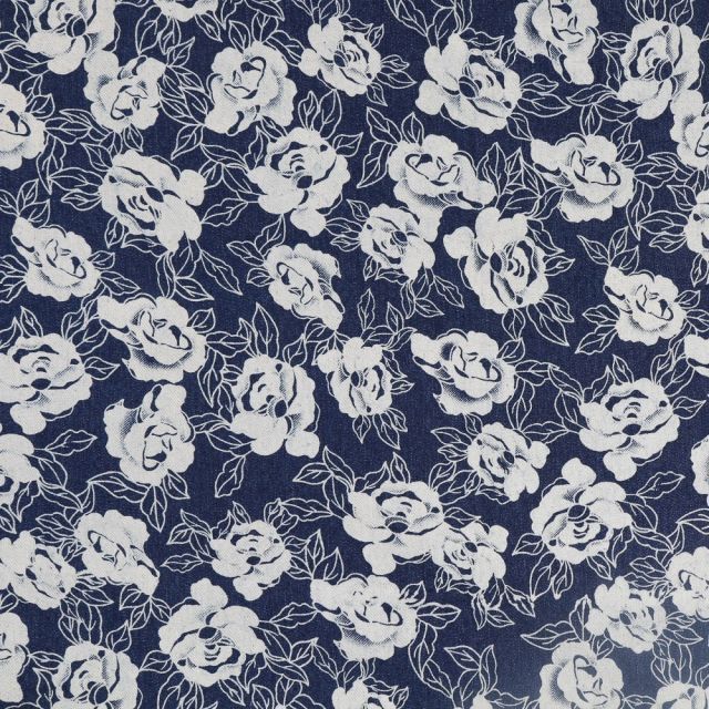 Tissu Chambray Fleurs blanches - Par 10 cm