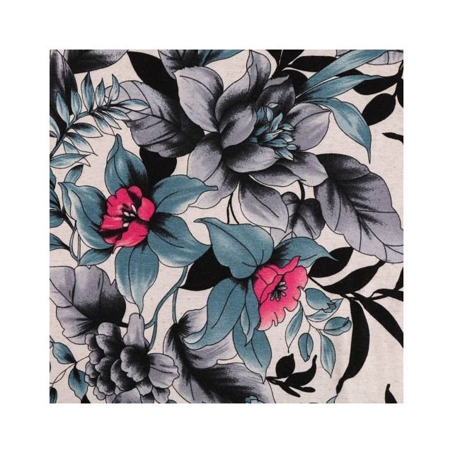 Coupon Tissu Jersey Viscose et Lin Fleurs tropicales Fushia, bleu lavande et bleu vif sur fond Beige chiné - Coupon de 40 cm