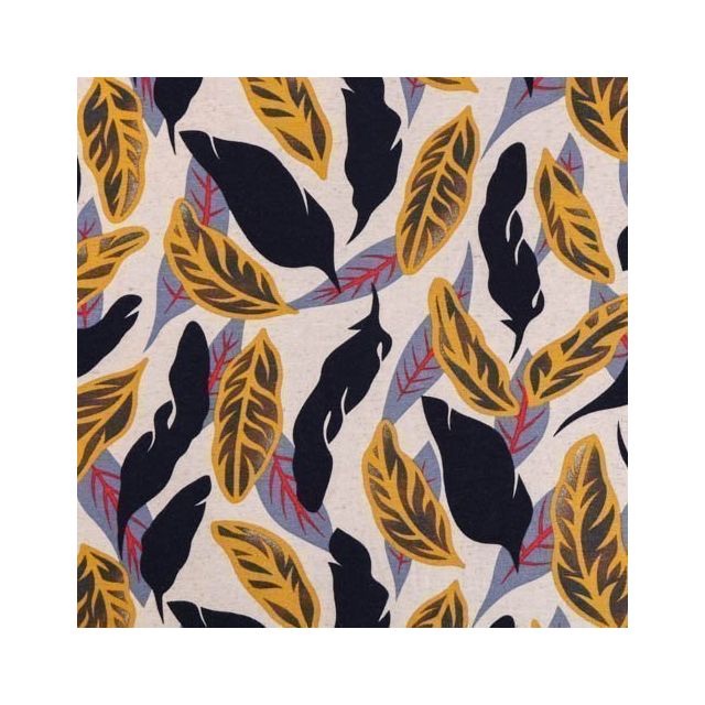 Tissu Jersey Viscose et Lin Feuilles de bananiers Bleu marine, rouges, moutarde et bleu jean sur fond Beige chiné - Par 10 cm