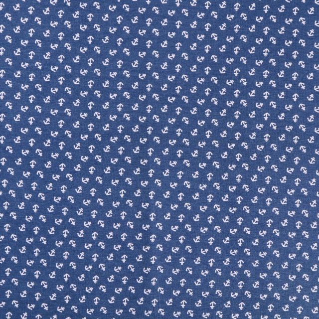Tissu Jersey Viscose Ancres marines Blanches sur fond Bleu denim - Par 10 cm