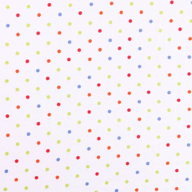Tissu Jersey Viscose  Pois Orange, rouges, Bleus et verts sur fond Blanc - Par 10 cm