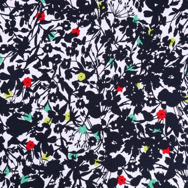 Coupon Tissu Jersey Viscose imprimée Fleurs abstraites Noires, vertes et rouges sur fond Blanc - Coupon de 60 cm