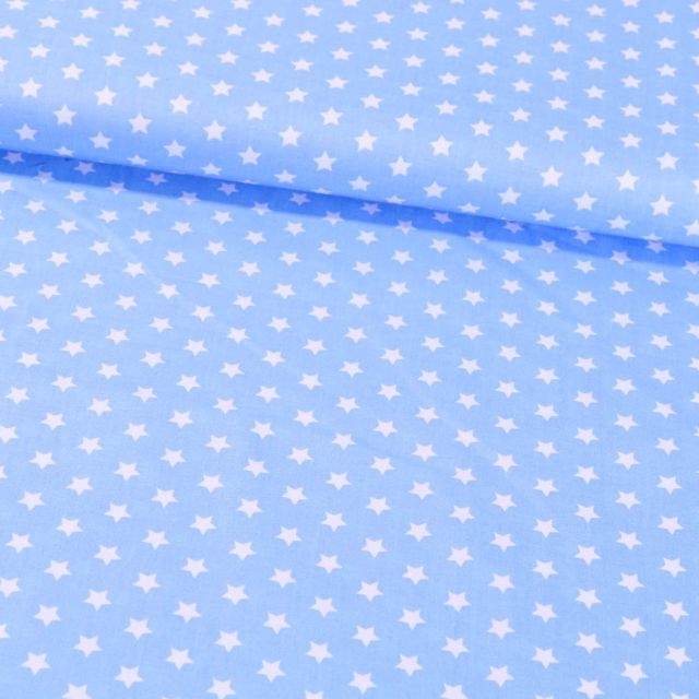 Tissu Coton Imprimé Etoiles 9 mm Blanches sur fond Bleu Ciel - Par 10 cm