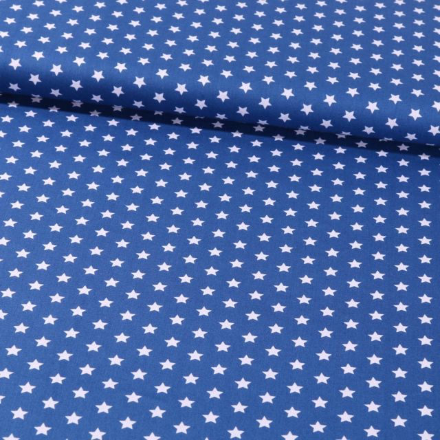 Tissu Coton Imprimé Etoiles 9 mm Blanches sur fond Bleu Roi - Par 10 cm