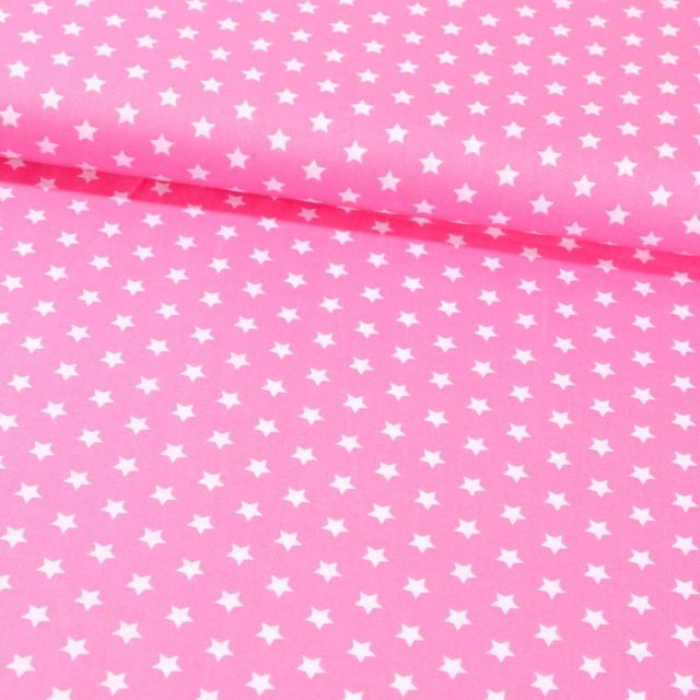 Tissu Coton Imprimé Etoiles 9 mm Blanches sur fond Rose - Par 10 cm
